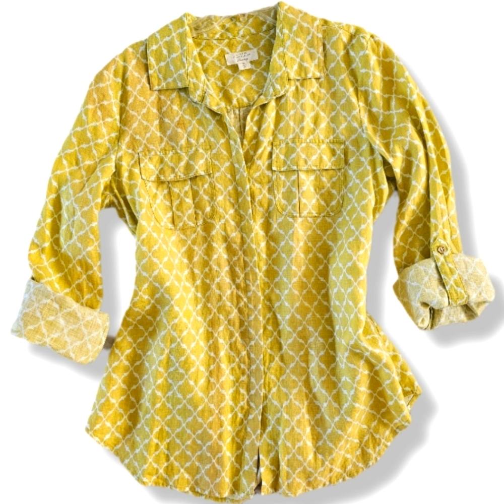 Charter Club Luxury Linen Patterned Long Sleeve Geometric Top Size M Preppy